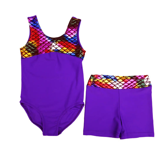 Purple Mermaid Scale Leo/Shorts Set (Size 6-7yrs)