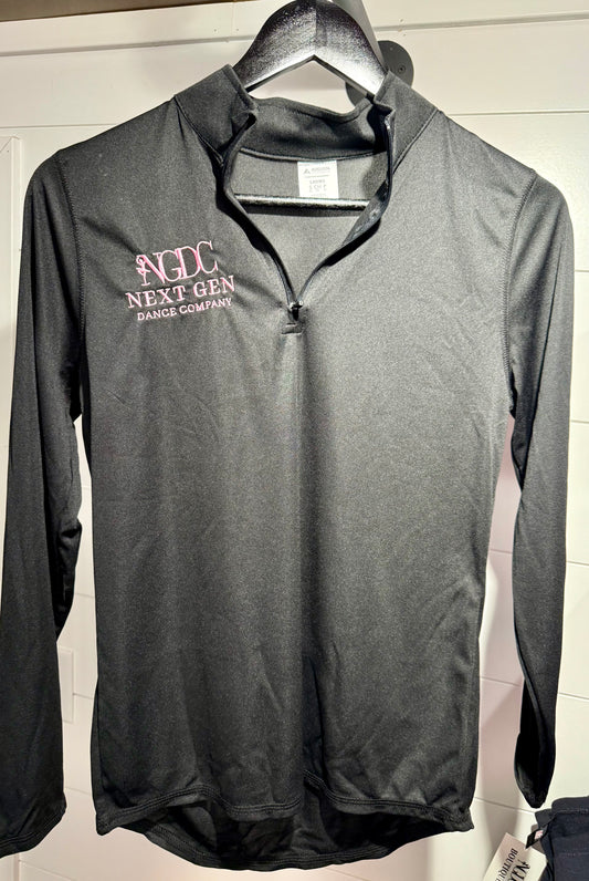 Black long sleeve quarter zip lightweight pullover with pink embroidered logo 